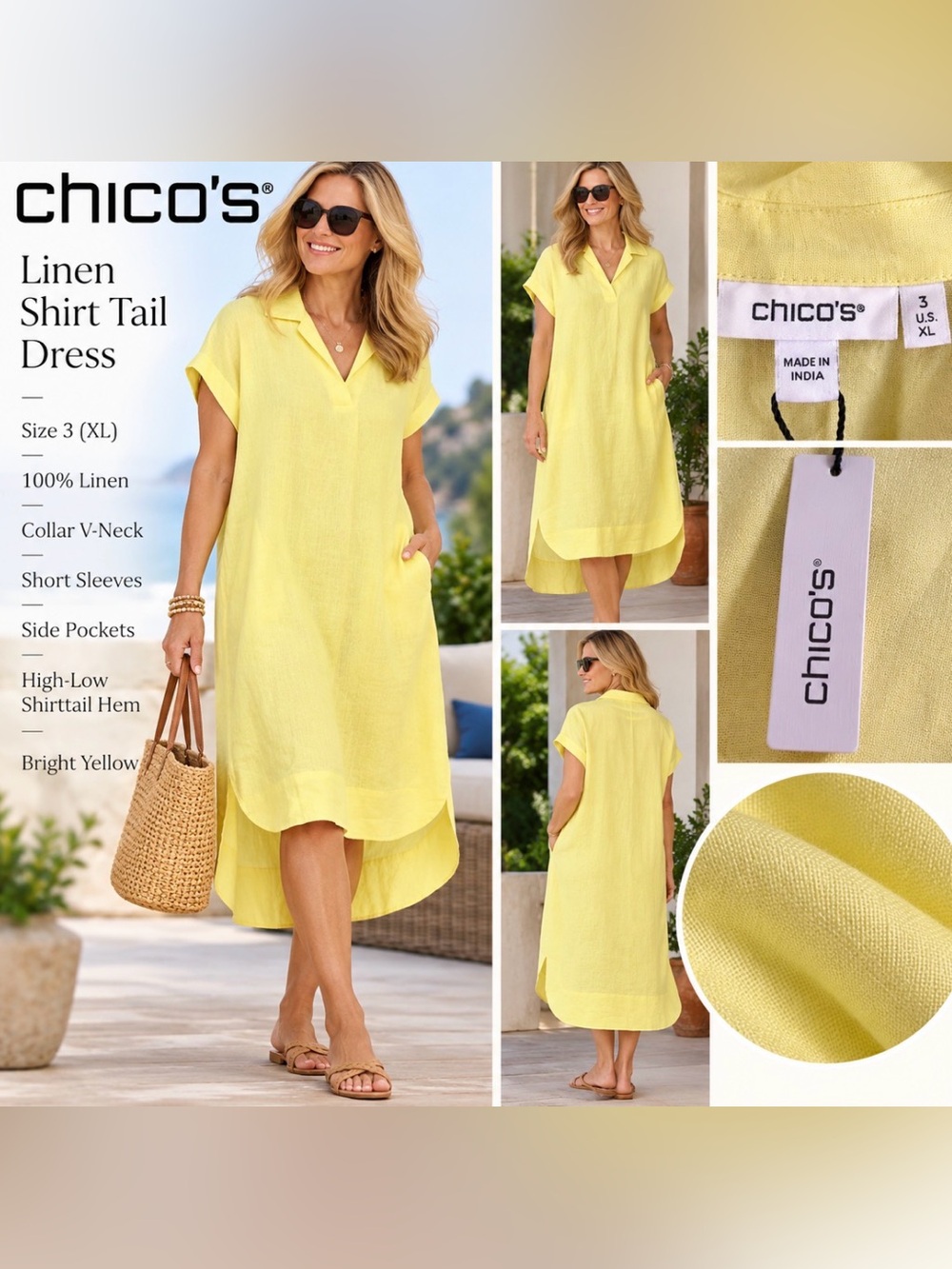 Chico's NWT 100% Linen Bright Yellow
Shirttail Dress Size 3 / XL
